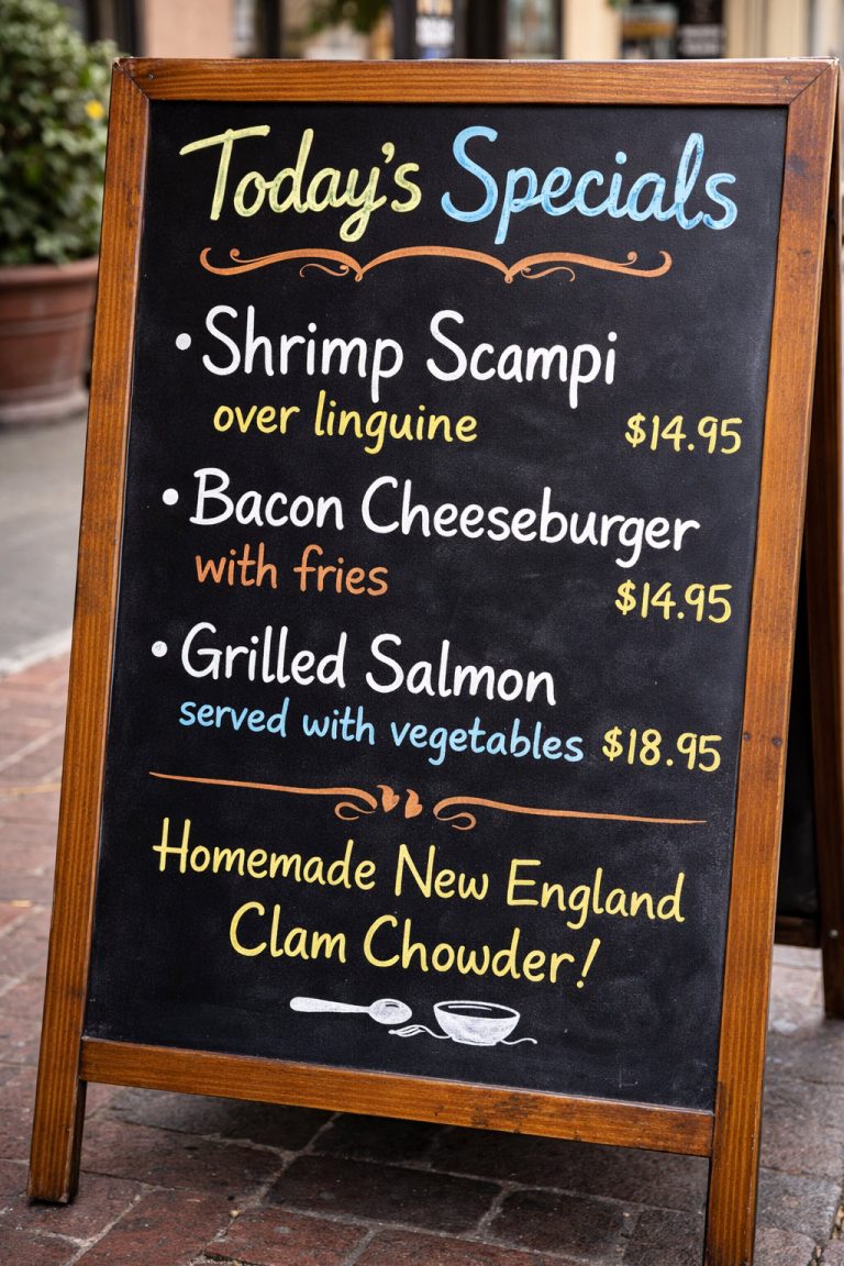 Italian restaurant menu sign showing pizza and chicken specials