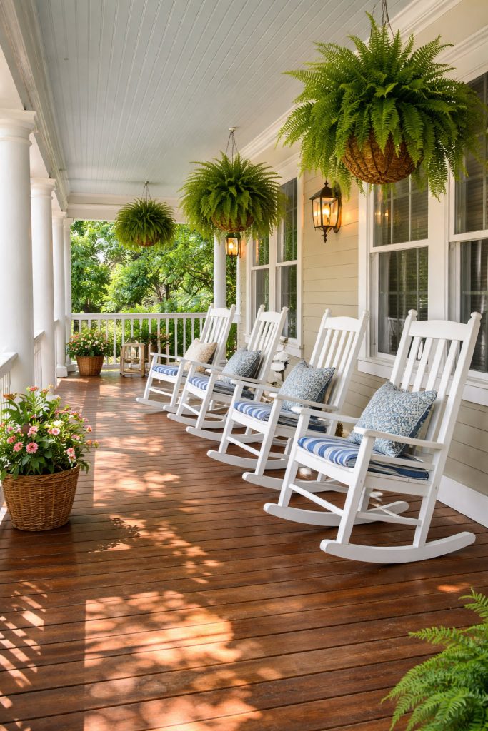 Pair of white rocking chairs sitting on a porch