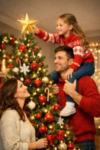 Family Christmas photo in front of their Christmas tree.