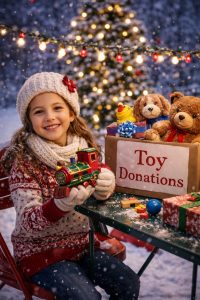Little girl accepting toy for donation.