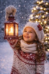 Little girl playing elf by bringing presents to the neighbors.