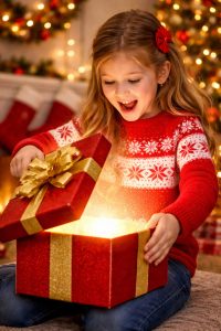 Little girl opening Christmas gift.