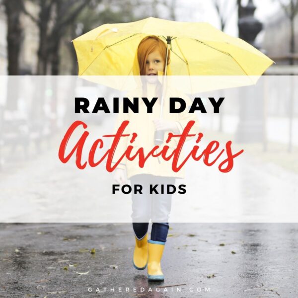 A young girl walking in the rain wearing a yellow rain jacket and a yellow umbrella. The text "rainy day activities for kids" is super-imposed over the image.